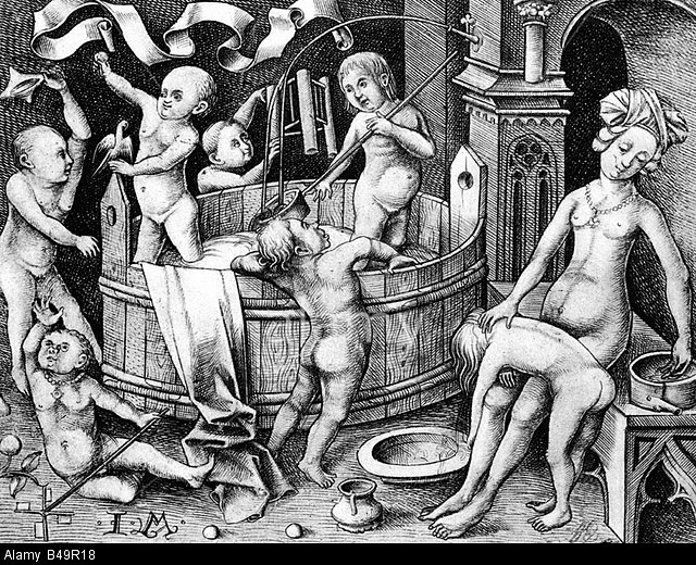 B49R18 bathing, baths, children?s bath, engraving by Israel van Meckenem (circa 1440/1445 - 1503), historic, historical, 15th century,